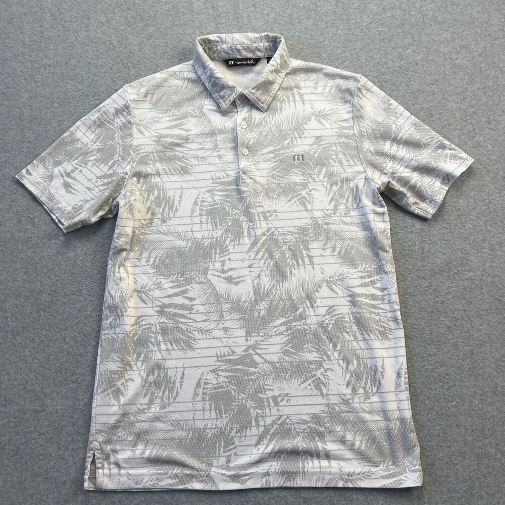 Travis Mathew Polo Shirt Medium White Gray Palm Tree Golf Performance Seaside